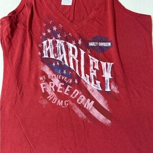 Harley-Davidson Red V-Neck Graphic Tee with Stars